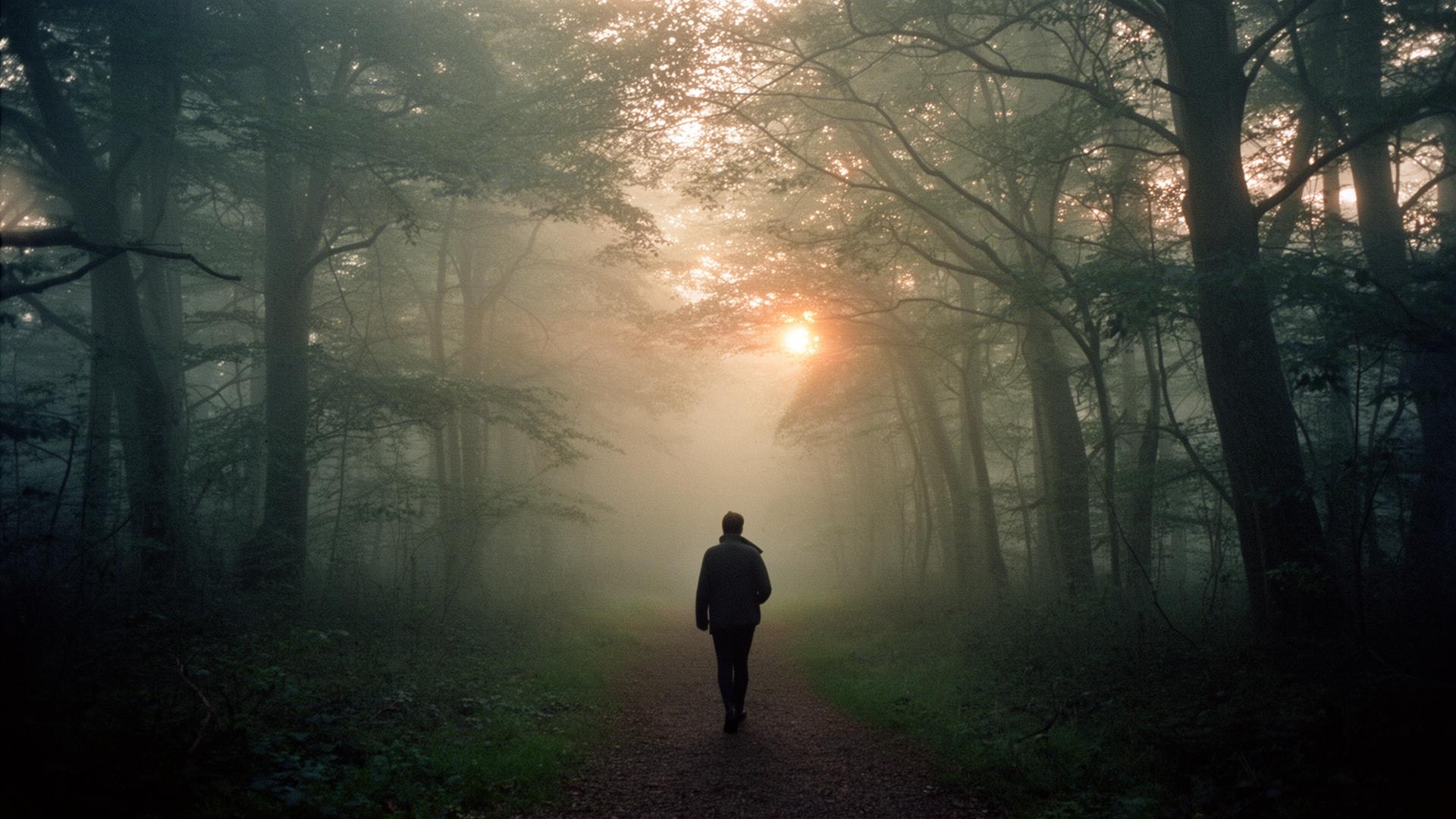 A figure walking a misty path at dawn